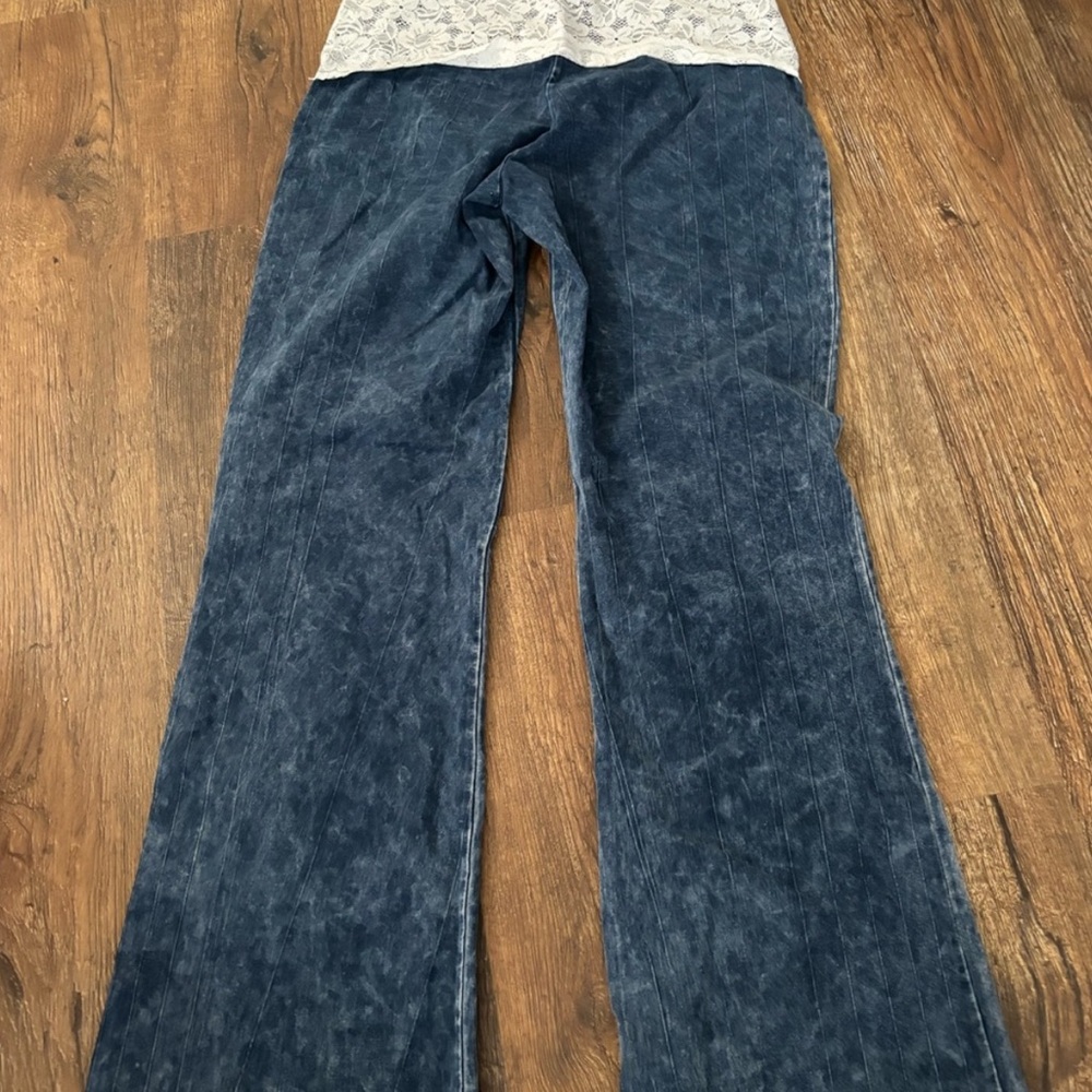Blue Faux “Jean” and Ivory Lace Flare Yoga Pants